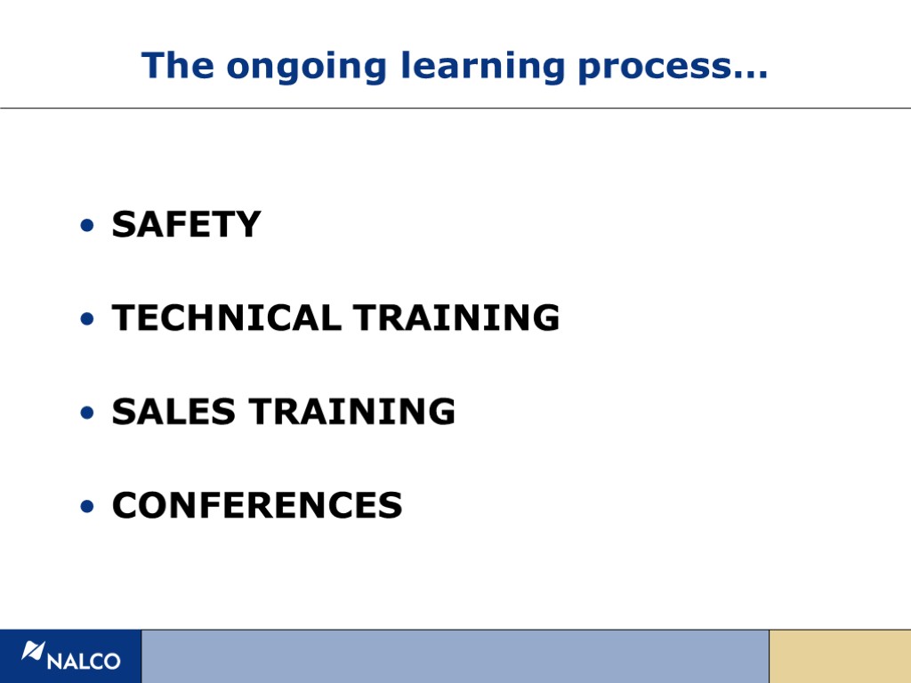 The ongoing learning process… SAFETY TECHNICAL TRAINING SALES TRAINING CONFERENCES